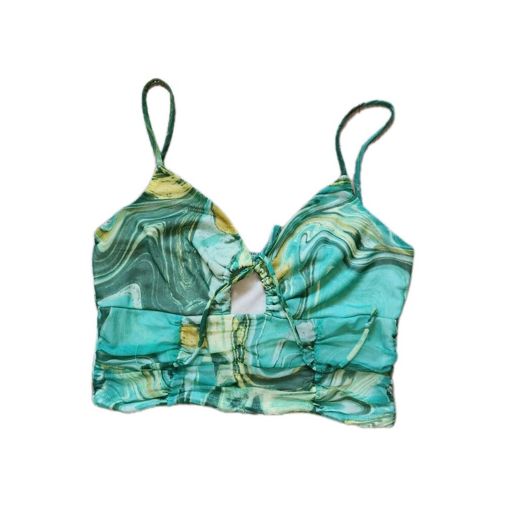 Heart & Hips Marble Swirl Ruched Mesh Cami Crop Top Green Lined Sz L Y2K EUC